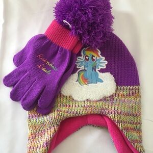 My Little Pony Beanie And Glove Set With Ear flaps, Pom Pom Hat, Solid, Stripes